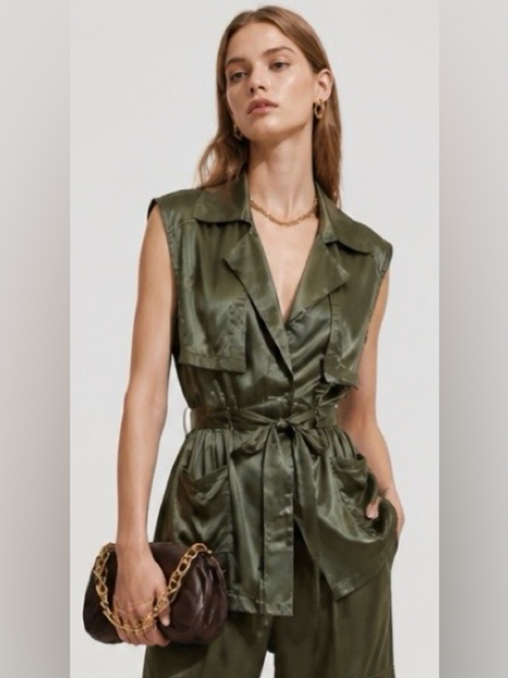 BEBE Y2K Vest Jacket Sleeveless Silky Satin Olive Green Trench Safari NWT New